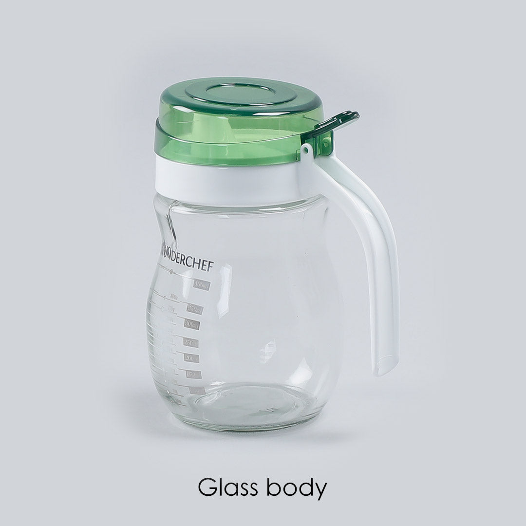 Wonderchef Oil Pourer Glass Bottle for Kitchen, Transparent Oil Pourer and Holder with Green Lid, Accurate Pouring witho
