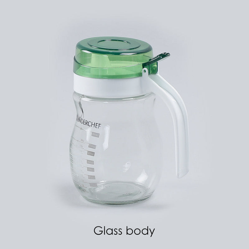 Wonderchef Oil Pourer Glass Bottle for Kitchen, Transparent Oil Pourer and Holder with Green Lid, Accurate Pouring witho