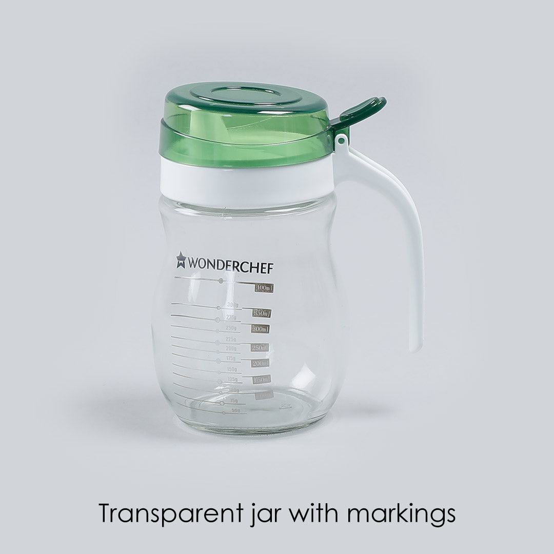 Wonderchef Oil Pourer Glass Bottle for Kitchen, Transparent Oil Pourer and Holder with Green Lid, Accurate Pouring witho