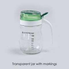 Wonderchef Oil Pourer Glass Bottle for Kitchen, Transparent Oil Pourer and Holder with Green Lid, Accurate Pouring witho