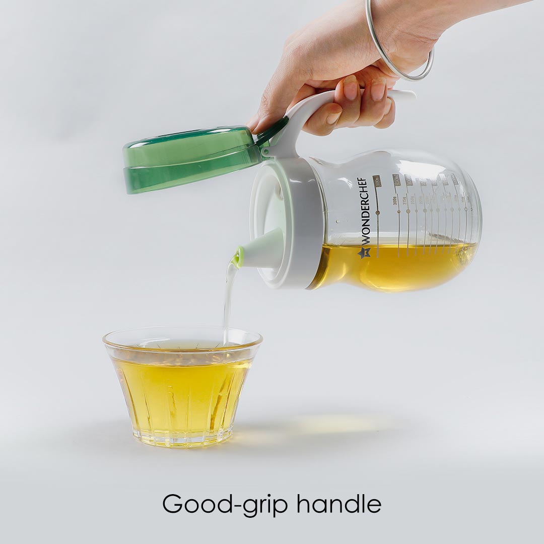 Wonderchef Oil Pourer Glass Bottle for Kitchen, Transparent Oil Pourer and Holder with Green Lid, Accurate Pouring witho