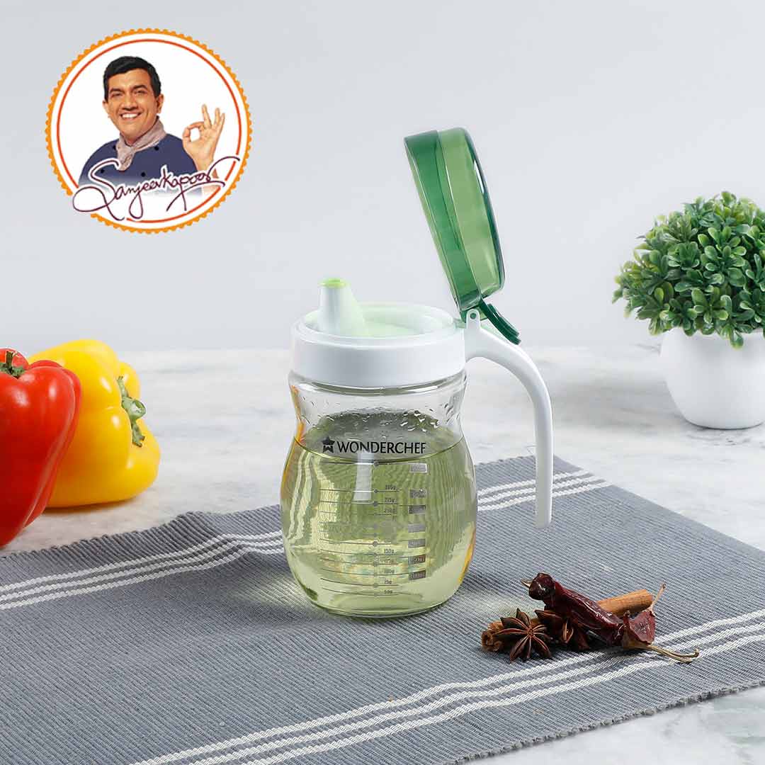 Wonderchef Oil Pourer Glass Bottle for Kitchen, Transparent Oil Pourer and Holder with Green Lid, Accurate Pouring witho