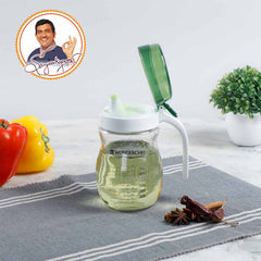 Wonderchef Oil Pourer Glass Bottle for Kitchen, Transparent Oil Pourer and Holder with Green Lid, Accurate Pouring witho