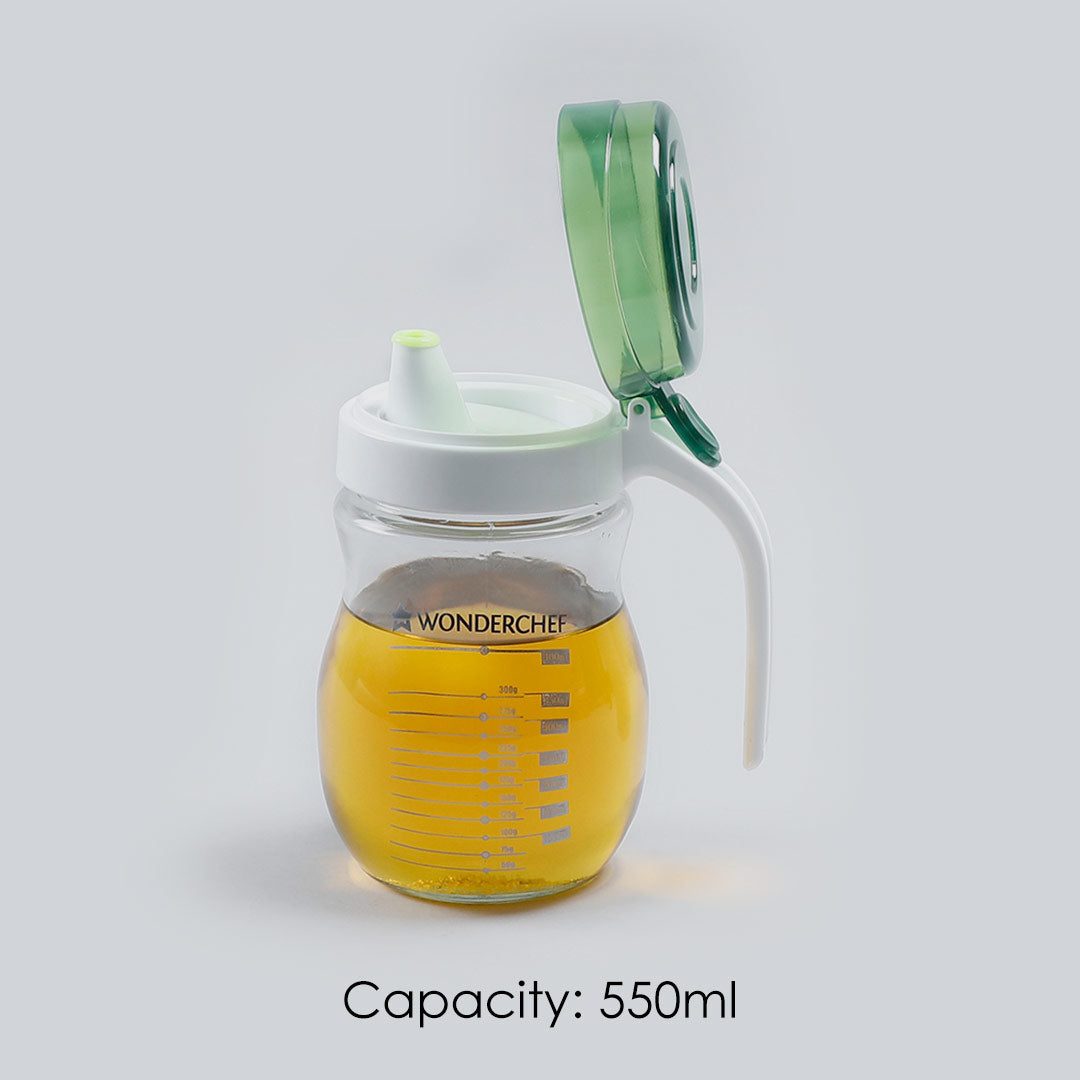 Wonderchef Oil Pourer Glass Bottle for Kitchen, Transparent Oil Pourer and Holder with Green Lid, Accurate Pouring witho