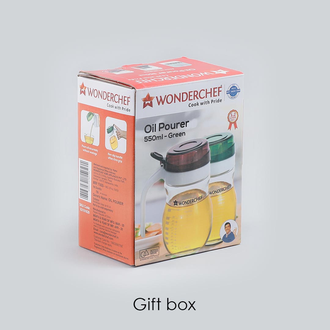 Wonderchef Oil Pourer Glass Bottle for Kitchen, Transparent Oil Pourer and Holder with Green Lid, Accurate Pouring witho