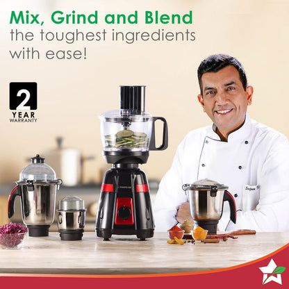 Platinum Food Processor-Mixer-Grinder | 750W Copper Motor | Blades for Slicing, Shredding, Kneading, Juliennes, French-Fries | 4 Jars for Dry/Wet Grinding, Blending | 5 Yr Warranty on Motor