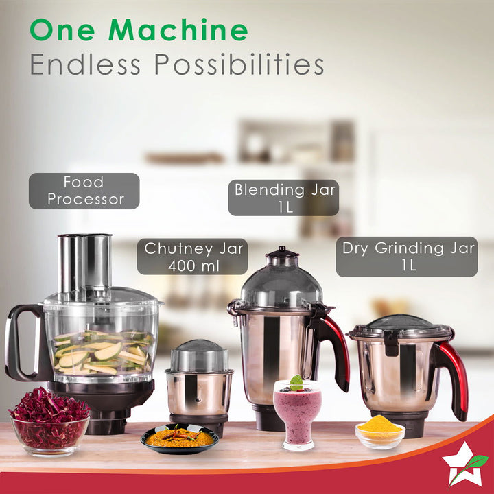 Platinum Food Processor-Mixer-Grinder | 750W Copper Motor | Blades for Slicing, Shredding, Kneading, Juliennes, French-Fries | 4 Jars for Dry/Wet Grinding, Blending | 5 Yr Warranty on Motor