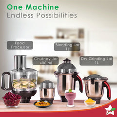 Platinum Food Processor-Mixer-Grinder | 750W Copper Motor | Blades for Slicing, Shredding, Kneading, Juliennes, French-Fries | 4 Jars for Dry/Wet Grinding, Blending | 5 Yr Warranty on Motor