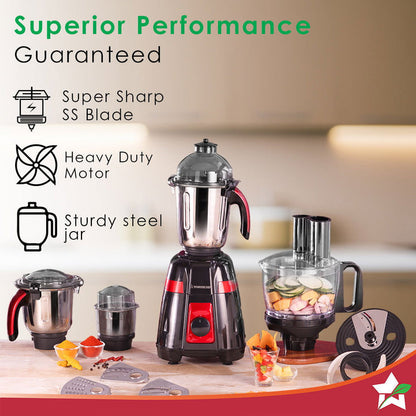 Platinum Food Processor-Mixer-Grinder | 750W Copper Motor | Blades for Slicing, Shredding, Kneading, Juliennes, French-Fries | 4 Jars for Dry/Wet Grinding, Blending | 5 Yr Warranty on Motor