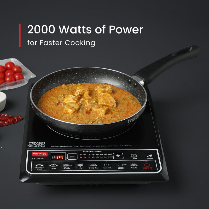 Prestige PIC 16.0 Plus 2000W Induction Cooktop, 4KV Surge Protection, 8 Indian Menus, Black + Prestige TRIPLY Splendid 4 Pc Cookware Set: Fry Pan 22cm, Kadai 22cm, Saucepan 14cm, SS Lid 24cm
