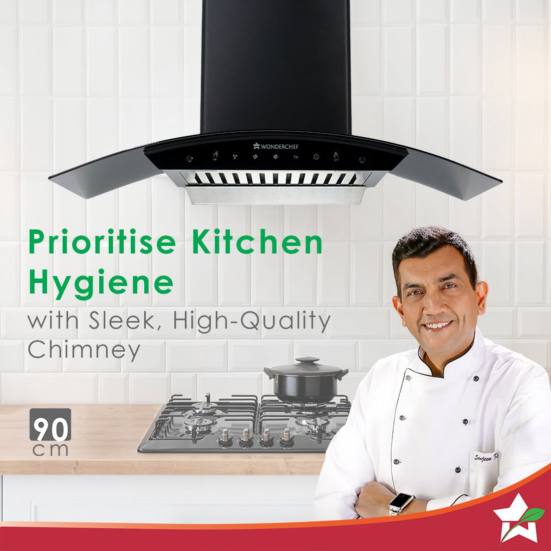 Wonderchef Power Curve Wall-Mount Chimney | Auto Clean Function | 1200M3/H | Suction Capacity | 3 Speed Motion| Gesture 