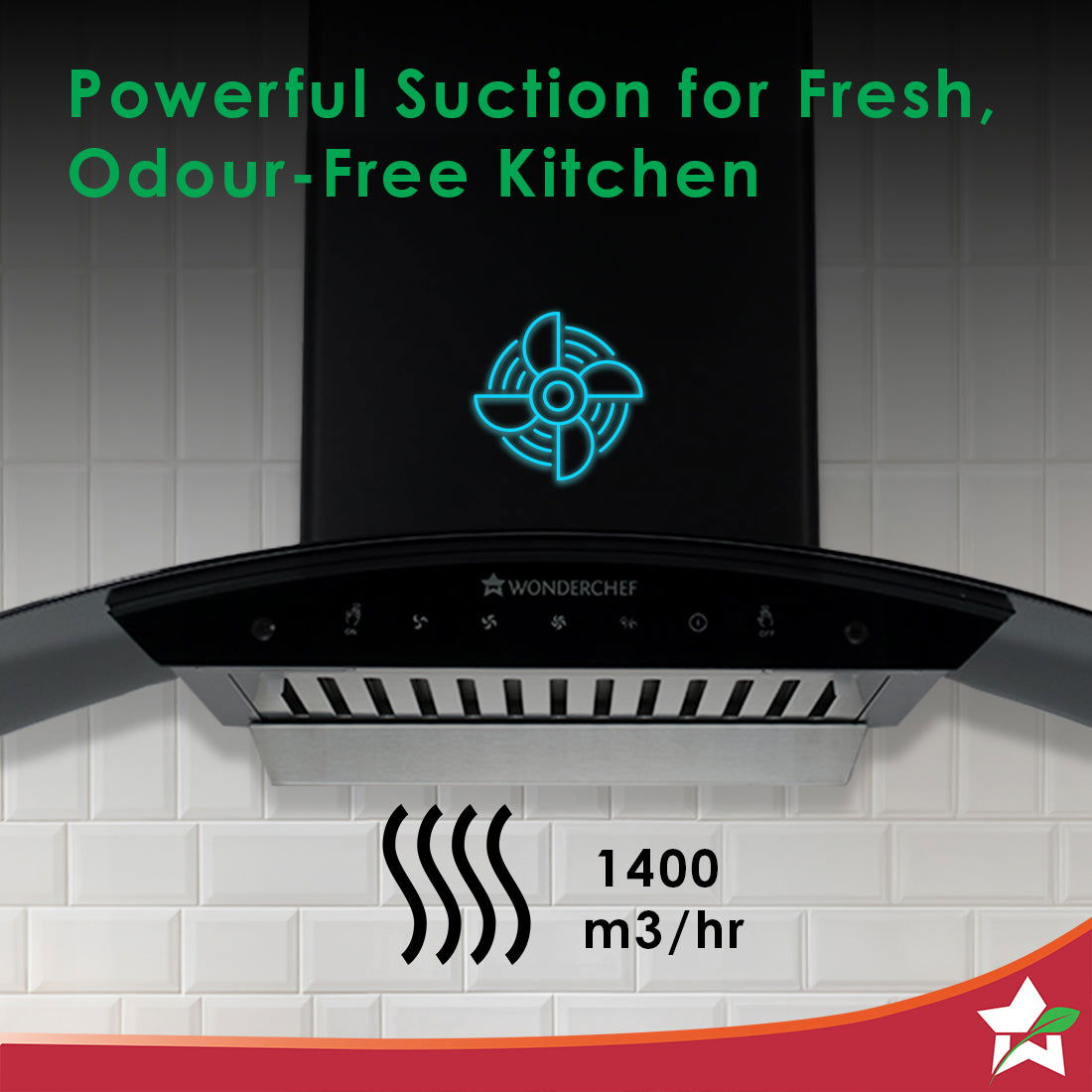 Wonderchef Power Curve Wall-Mount Chimney | Auto Clean Function | 1200M3/H | Suction Capacity | 3 Speed Motion| Gesture 