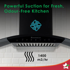 Wonderchef Power Curve Wall-Mount Chimney | Auto Clean Function | 1200M3/H | Suction Capacity | 3 Speed Motion| Gesture 