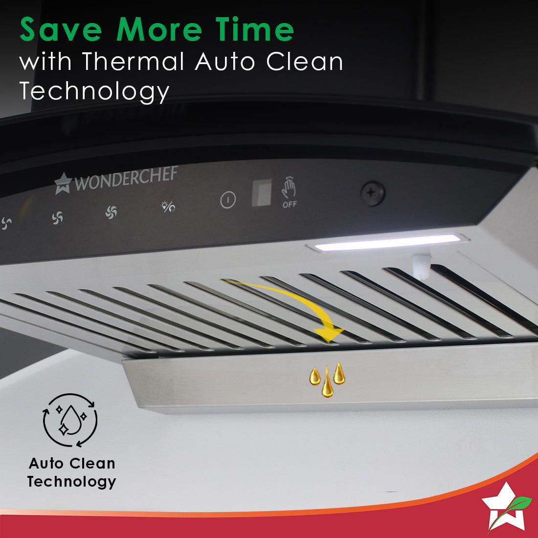 Wonderchef Power Curve Wall-Mount Chimney | Auto Clean Function | 1200M3/H | Suction Capacity | 3 Speed Motion| Gesture 
