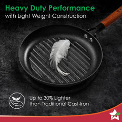 Pre-Seasoned Ferro Light 24cm Grill Pan| 2.5MM | Acacia Wooden Handles | Gravity Moulding Technology | No Chemical Coating |10 Year Warranty