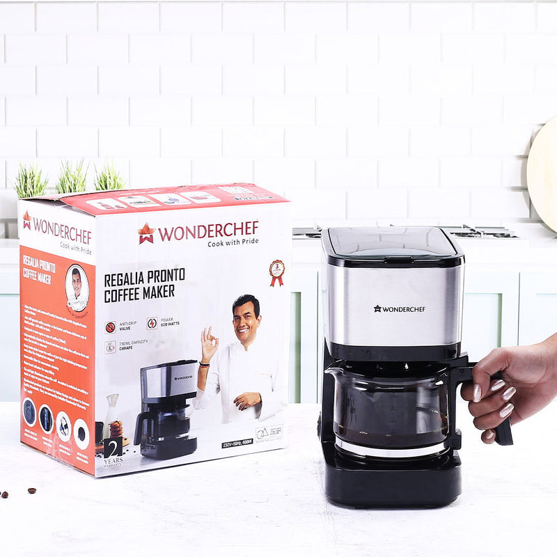 Wonderchef Regalia Pronto Brew Coffee Maker | Drip Coffee | 6 Cups Coffee | 750 ml Borosilicate Glass Carafe with Hot Pl