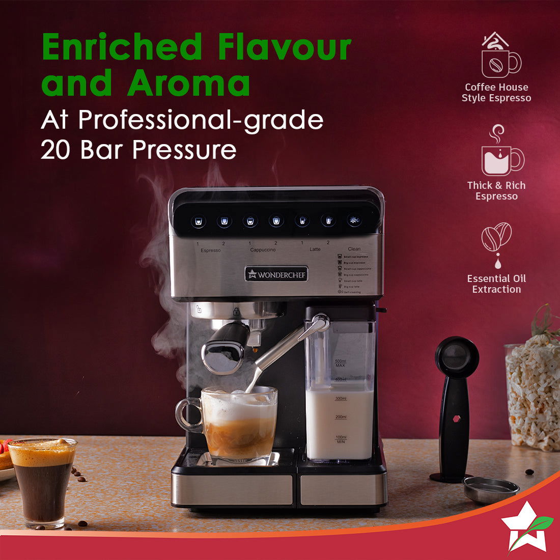 Wonderchef Regenta 20 Bar Automatic Coffee Maker | Espresso, Cappuccino, Latte, Mocha | Auto Frothing | Built-in Milk co