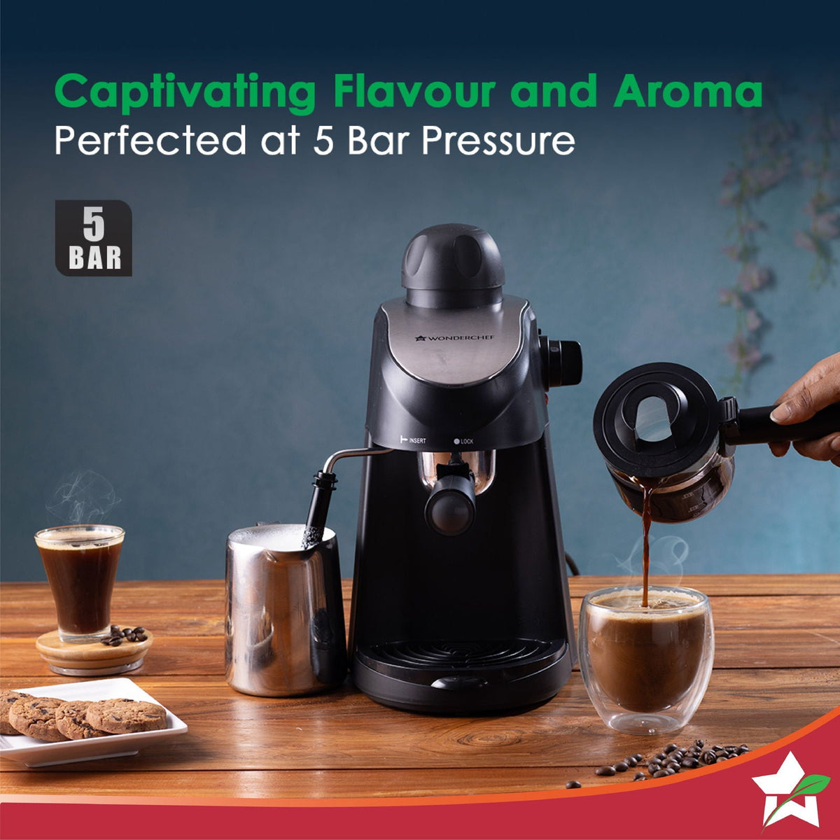 Wonderchef Regenta 5 Bar Espresso Coffee Maker| Built in Milk Frother | Make Espressos, Cappuccinos & Lattes at Home | M