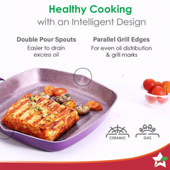 Royal Velvet 20cm Grill Pan | Soft-touch handles |Non – Toxic I Virgin Aluminium| 3 mm thick | 2 year warranty | Purple