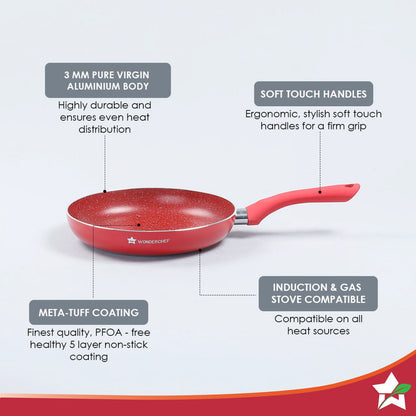 Royal Velvet 24 cm Non-Stick Fry Pan | Induction Bottom | Soft-Touch Handle | Virgin Grade Aluminium | PFOA & Heavy Metals Free | 3 mm | 1.8 litres | 2 Years Warranty | Red