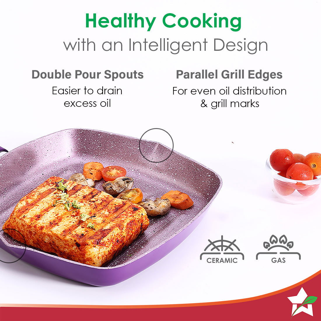 Royal Velvet 24cm Grill Pan | Soft-touch handles |Non – Toxic I Virgin Aluminium| 3 mm thick | 2 year warranty | Purple