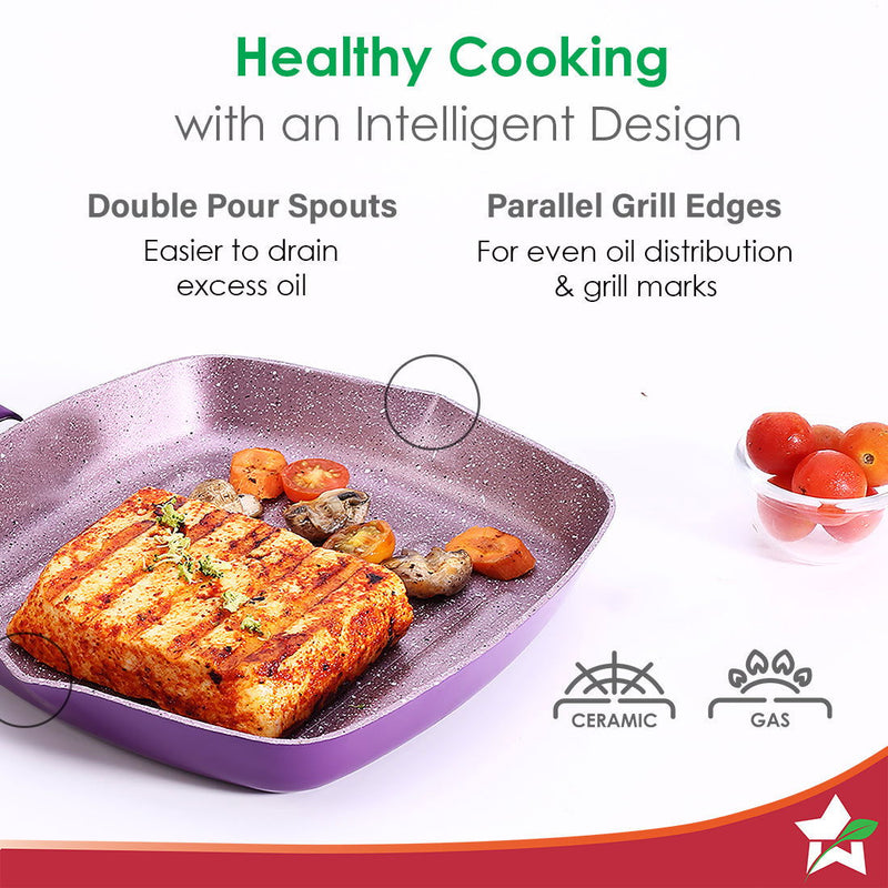 Royal Velvet 24cm Grill Pan | Soft-touch handles |Non – Toxic I Virgin Aluminium| 3 mm thick | 2 year warranty | Purple