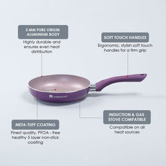 Royal Velvet Non-Stick 26 cm Fry Pan with Induction Bottom & Soft-Touch Handle | Virgin Grade Aluminium | PFOA & Heavy Metals Free | 3 mm thick | 2.1 litres | 2 Years Warranty | Purple