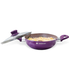 Royal Velvet Non-stick 26cm Kadhai with Lid and Handles | Glass Lid | Induction Ready | Soft-touch handles |Non – Toxic I Virgin Aluminium| 3 mm thick | 2 year warranty | Purple