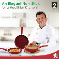 Royal Velvet Non-stick Cookware Set, 4Pc (Fry Pan with Lid, Wok, Dosa Tawa), Induction Bottom, Soft-touch Handles, Virgin Grade Aluminium, PFOA/Heavy Metals Free, 3mm, 2 Years Warranty, Red