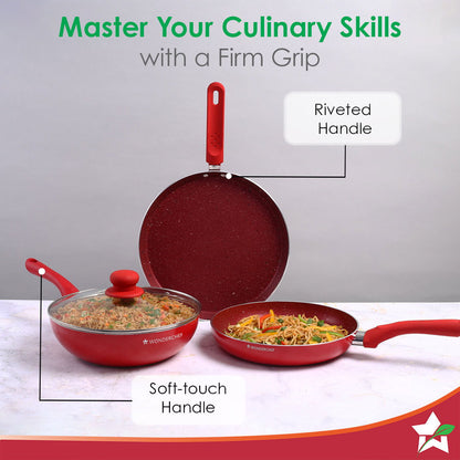 Royal Velvet Non-stick Cookware Set, 4Pc (Fry Pan with Lid, Wok, Dosa Tawa), Induction Bottom, Soft-touch Handles, Virgin Grade Aluminium, PFOA/Heavy Metals Free, 3mm, 2 Years Warranty, Red