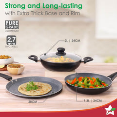 Sienna Non-stick Cookware 4 Pc Set | Dosa Tawa, Fry Pan, Kadhai for Cutlets, Curries, Dosas | PFOA Free | Virgin Aluminium | Energy Efficient | Stylish Granite Finish | 2-year Warranty
