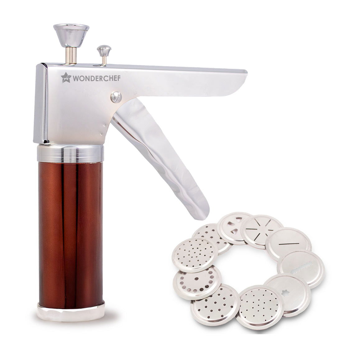 Wonderchef Snacks Maker with 12 different jalis, High-grade Stainless Stell Plates for making Sev, Bhujiya, Papdi, Gathi