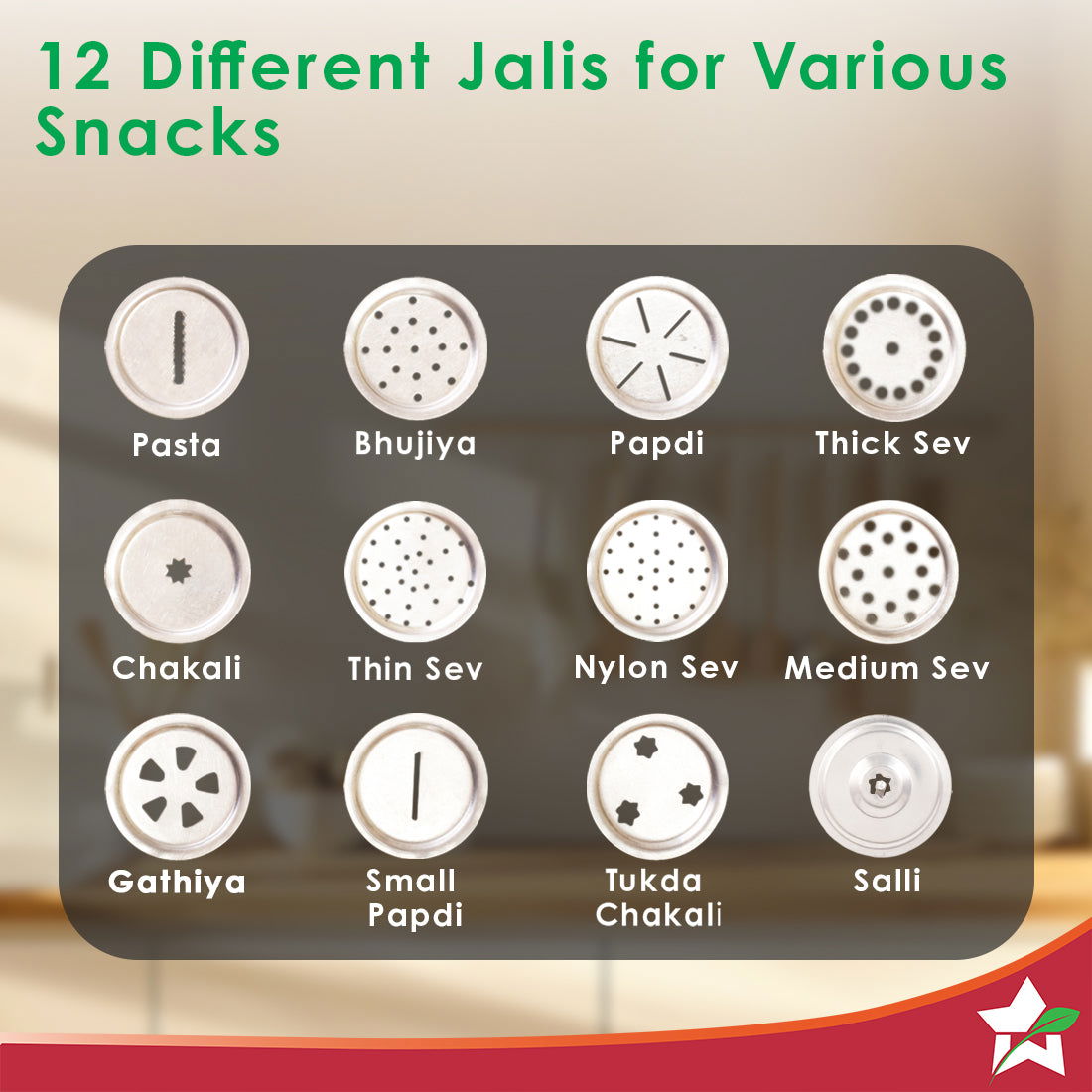 Wonderchef Snacks Maker with 12 different jalis, High-grade Stainless Stell Plates for making Sev, Bhujiya, Papdi, Gathi