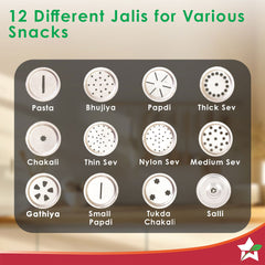 Wonderchef Snacks Maker with 12 different jalis, High-grade Stainless Stell Plates for making Sev, Bhujiya, Papdi, Gathi