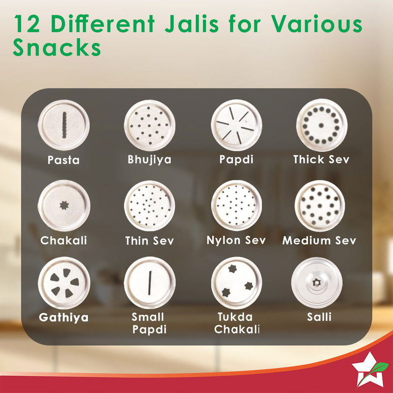 Wonderchef Snacks Maker with 12 different jalis, High-grade Stainless Stell Plates for making Sev, Bhujiya, Papdi, Gathi
