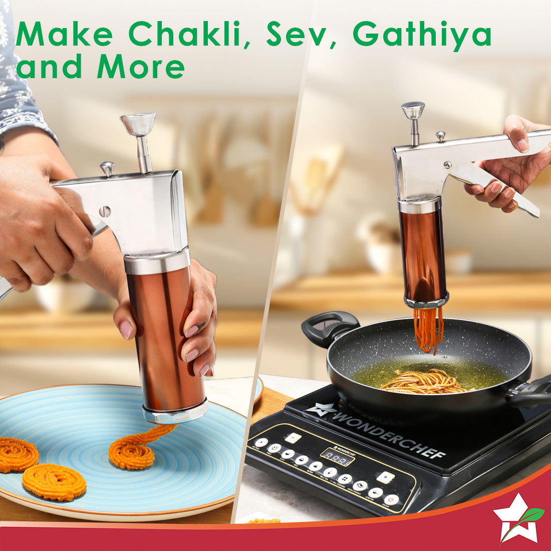 Wonderchef Snacks Maker with 12 different jalis, High-grade Stainless Stell Plates for making Sev, Bhujiya, Papdi, Gathi