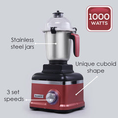 Sumo Mixer Grinder 1000W With 3 Stainless Steel & 1 Fruit Filter Jar 5 Years Warranty On Motor, Rust And Black, Long life motor