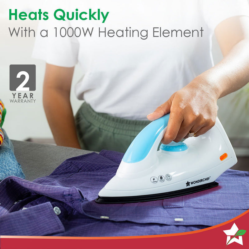 Wonderchef Swift Dry Iron | 1000W | Non-Stick Coated Sole Plate | Button Groove | Precision Tip | Temperature Control Di