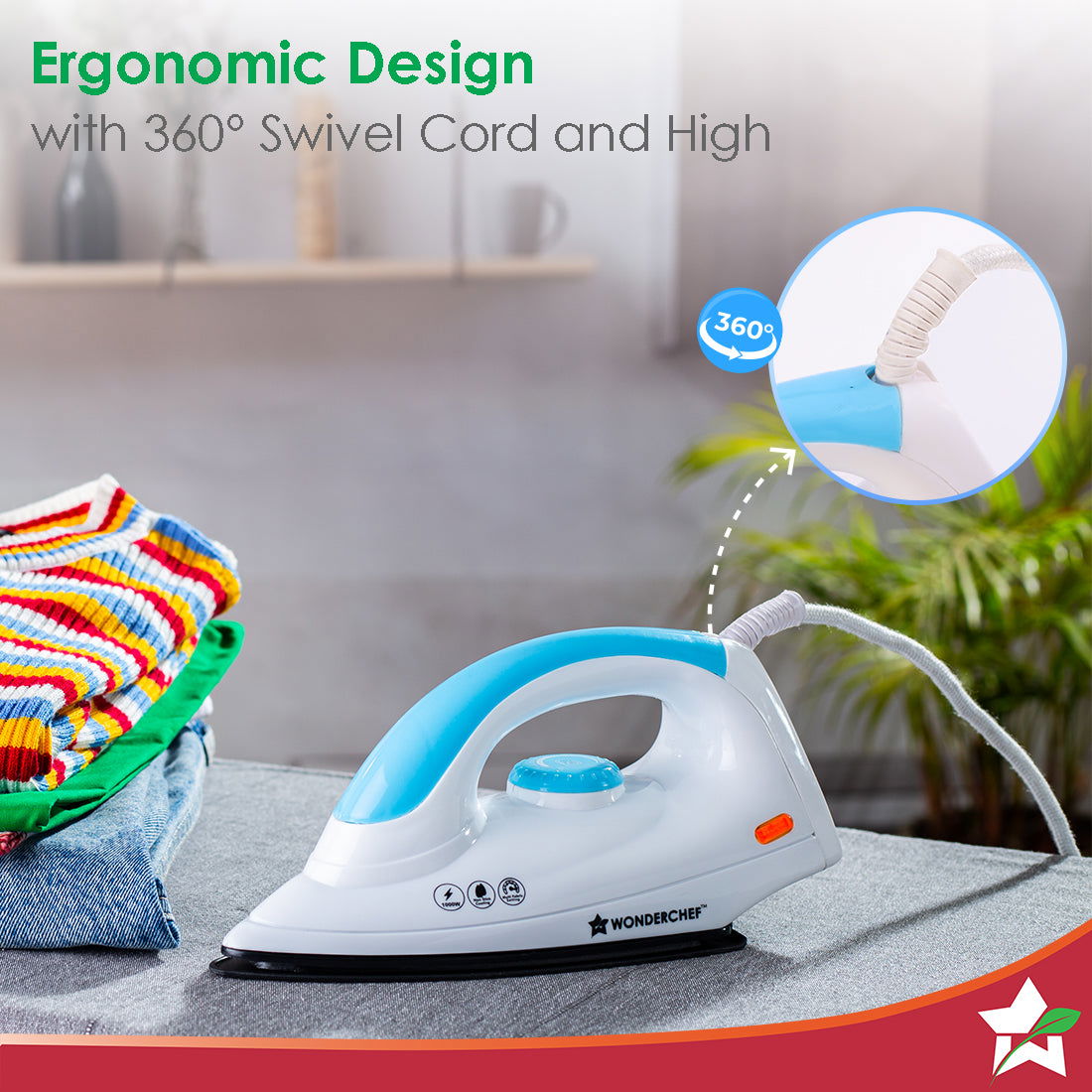 Wonderchef Swift Dry Iron | 1000W | Non-Stick Coated Sole Plate | Button Groove | Precision Tip | Temperature Control Di