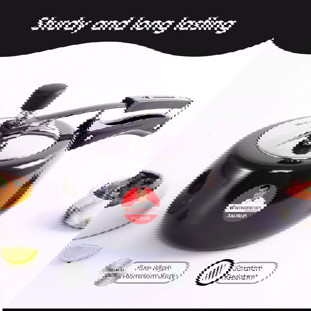 Taurus Hard Anodized 3L Inner Lid Pressure cooker, SS Lid, Soft Touch Handles for Durability, Induction Friendly, Black, 5 year warranty, ISI Certified