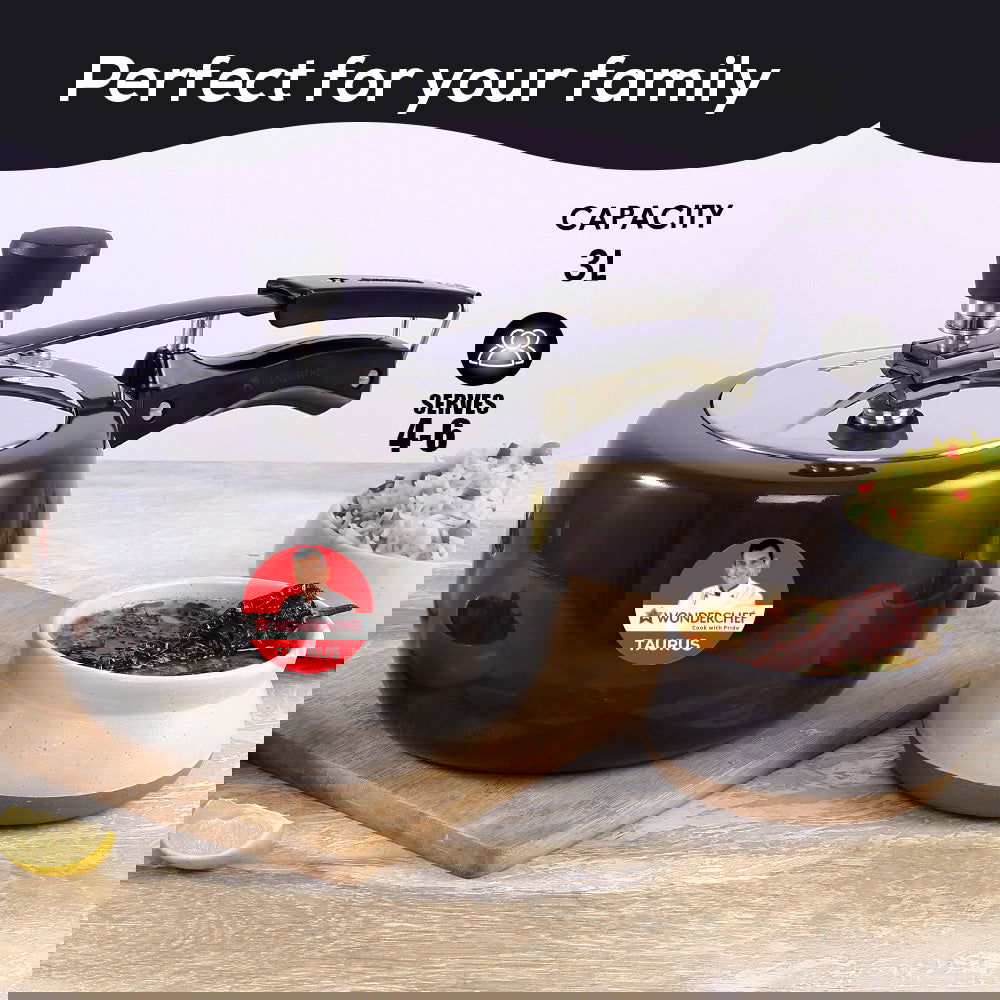 Taurus Hard Anodized 3L Inner Lid Pressure cooker, SS Lid, Soft Touch Handles for Durability, Induction Friendly, Black, 5 year warranty, ISI Certified