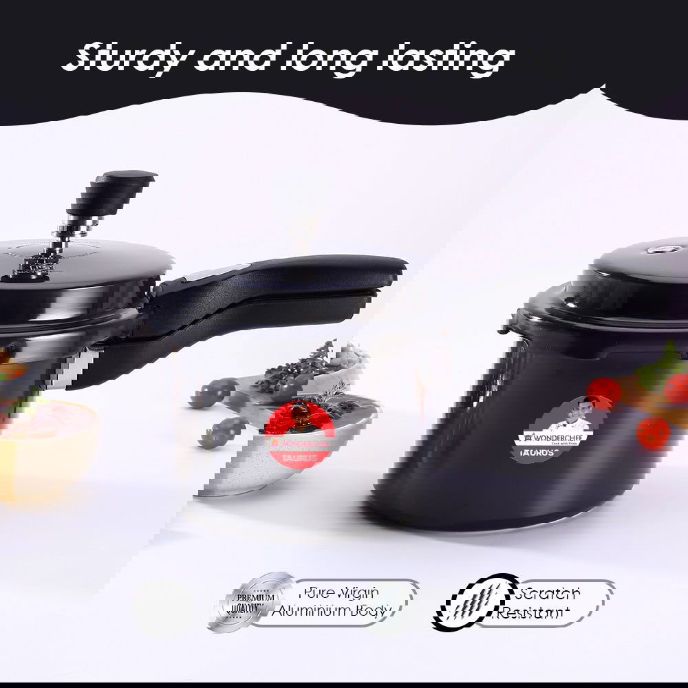 Taurus Hard Anodized 3L Outer Lid Pressure Cooker, SS Lid, Soft Touch Handles for Durability,  Induction Friendly, Black, 5 year warranty, ISI Certified