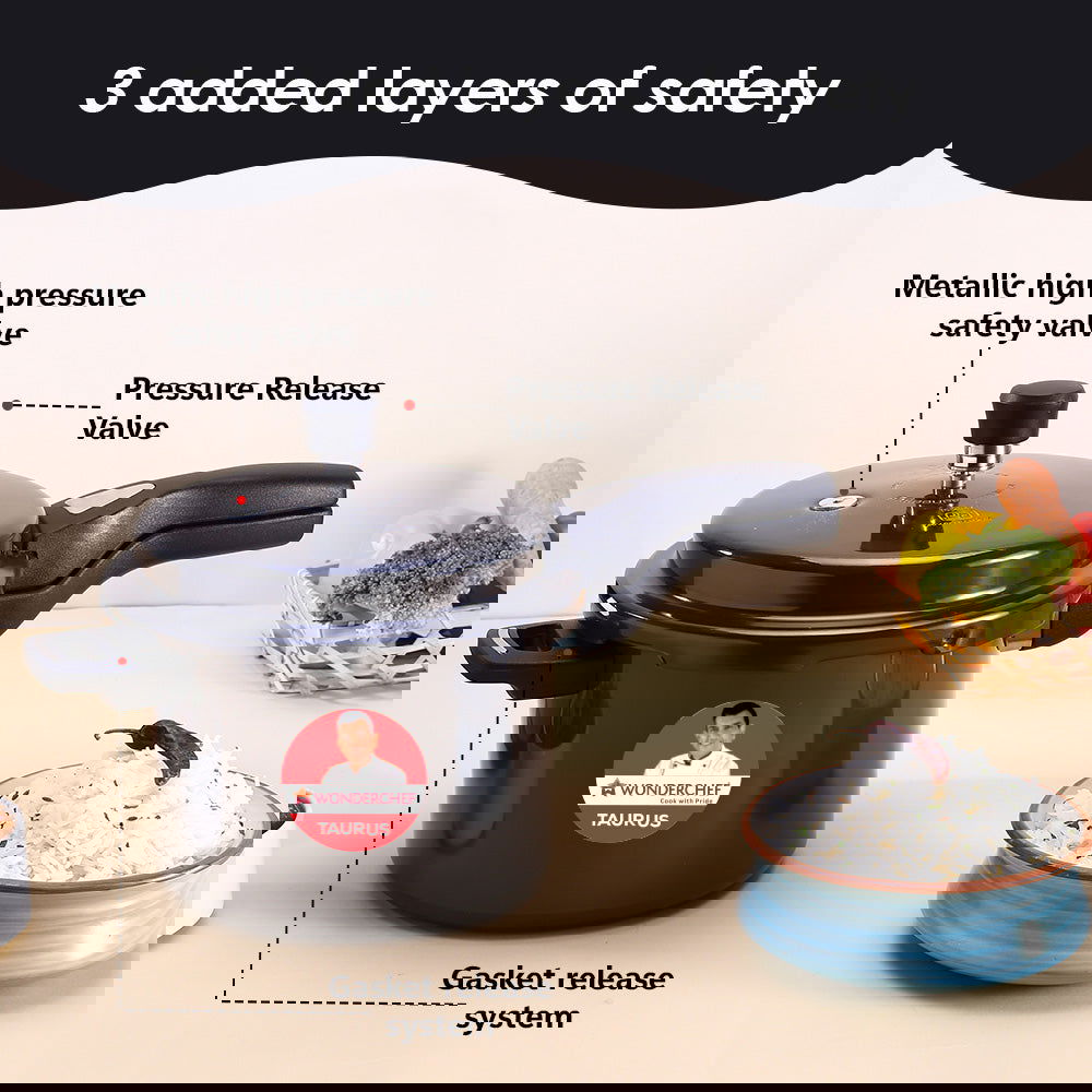 Taurus Hard Anodized 5L Outer Lid Pressure Cooker, SS Lid, Soft Touch Handles for Durability,  Induction Friendly, Black, 5 year warranty, ISI Certified