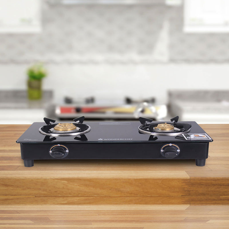 Wonderchef Ultima 2 Burner Manual Glass Gas Stove | 6mm Toughened Glass Gas Stove | Stainless Steel Drip Tray | Anti-Ski
