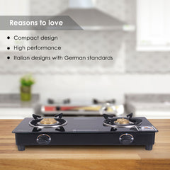 Wonderchef Ultima 2 Burner Manual Glass Gas Stove | 6mm Toughened Glass Gas Stove | Stainless Steel Drip Tray | Anti-Ski