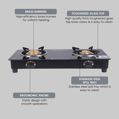Wonderchef Ultima 2 Burner Manual Glass Gas Stove | 6mm Toughened Glass Gas Stove | Stainless Steel Drip Tray | Anti-Ski