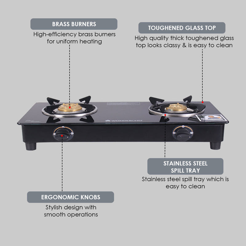 Wonderchef Ultima 2 Burner Manual Glass Gas Stove | 6mm Toughened Glass Gas Stove | Stainless Steel Drip Tray | Anti-Ski
