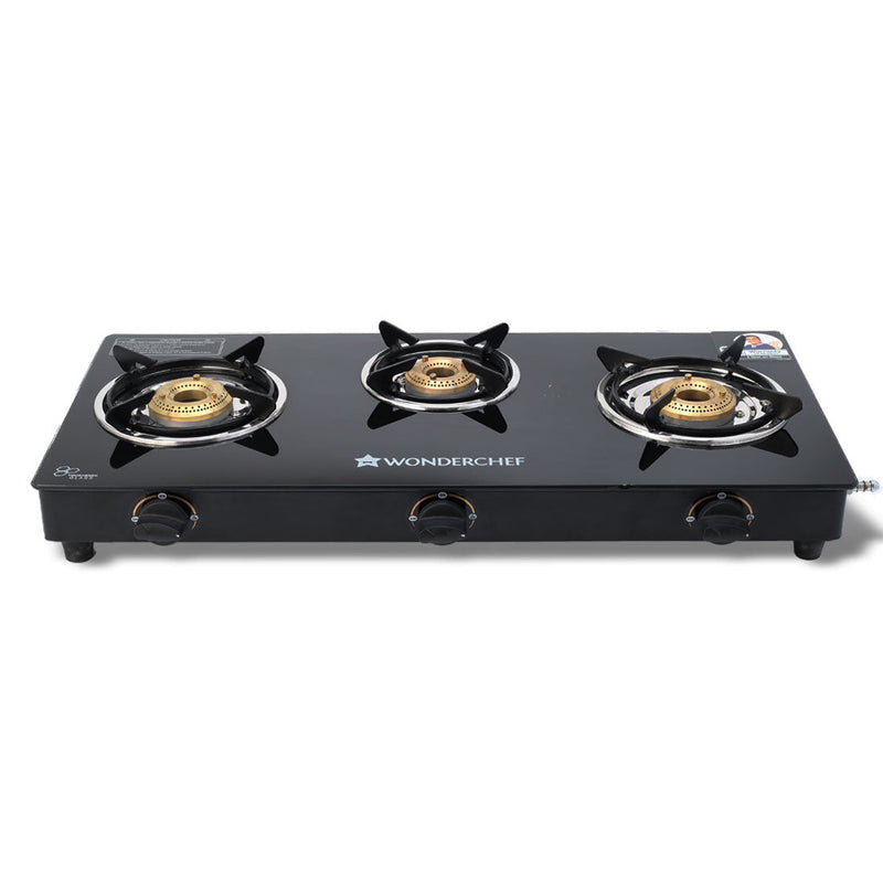 Wonderchef Ultima 3 Burner Manual Glass Gas Stove | 6mm Toughened Glass Gas Stove | Stainless Steel Drip tray | Anti-Ski
