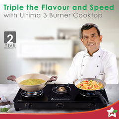 Wonderchef Ultima 3 Burner Manual Glass Gas Stove | 6mm Toughened Glass Gas Stove | Stainless Steel Drip tray | Anti-Ski