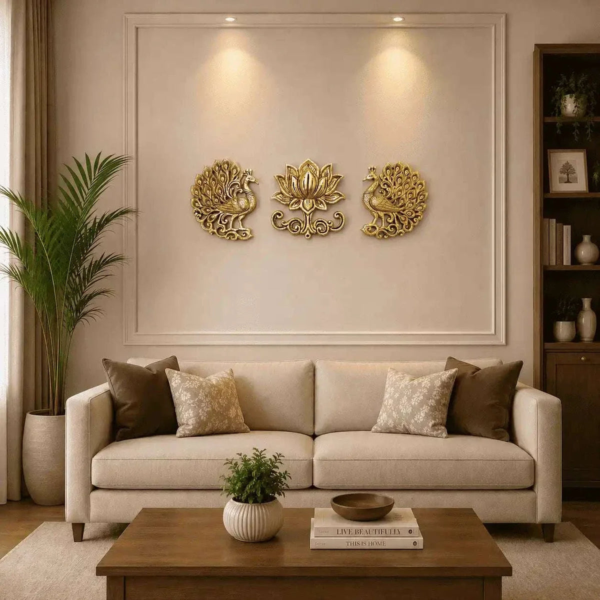 Brass Peacock And Lotus Wall Hanging 3 Piece Set (7.5 inch)